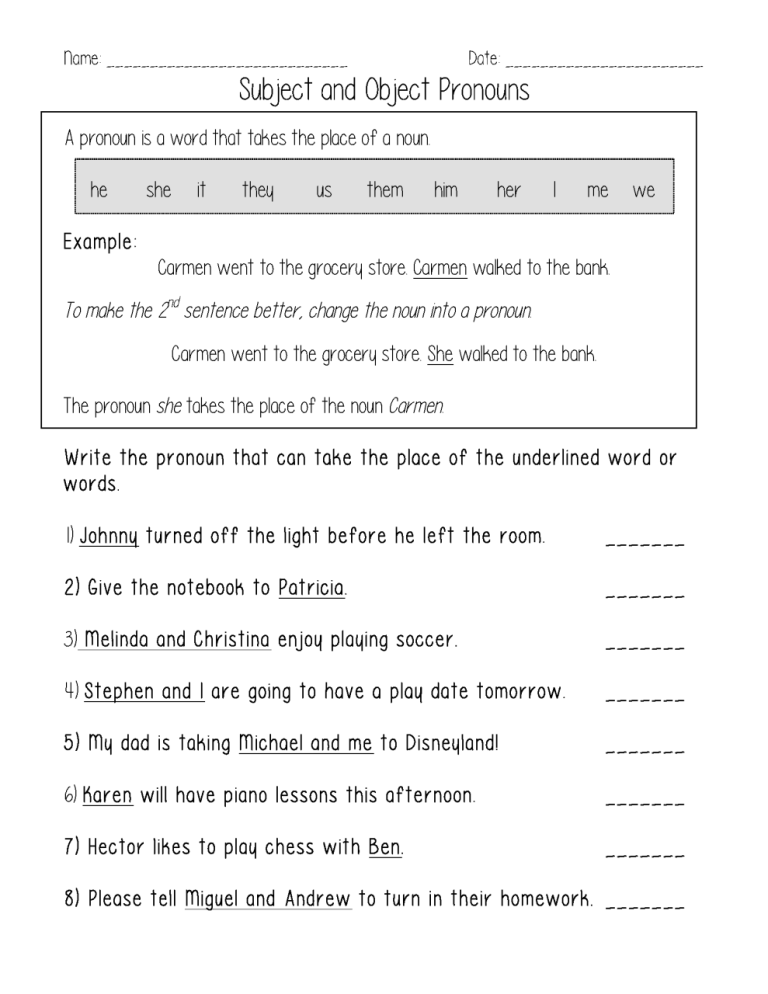 Object Pronouns Worksheets For Grade 2