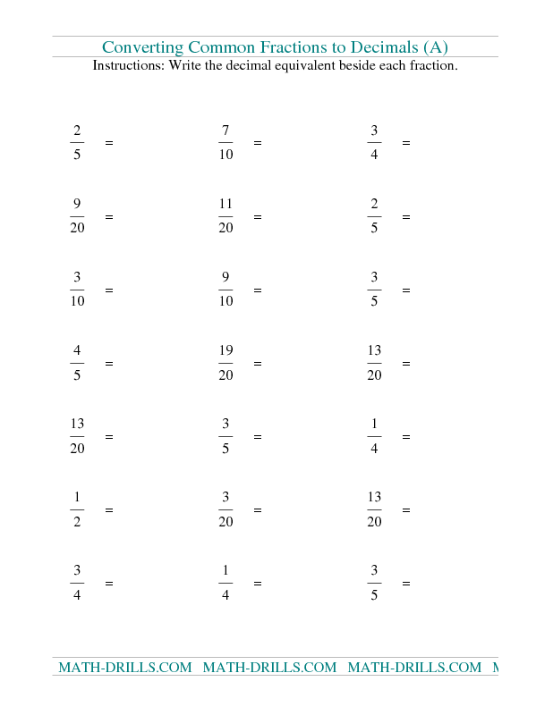 Math Drills Fractions To Decimals