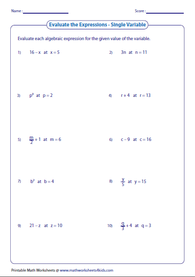 Algebraic Expressions Worksheets 5th Grade