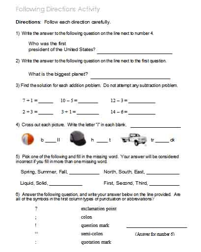 Following Directions Worksheets For Highschool Students Pdf