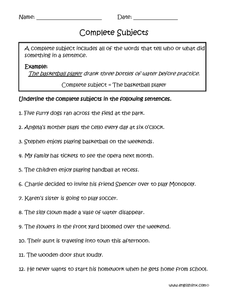 Simple Subject And Predicate Worksheets 5th Grade