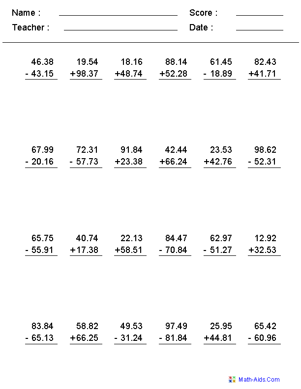 Adding Decimals Worksheet With Answers