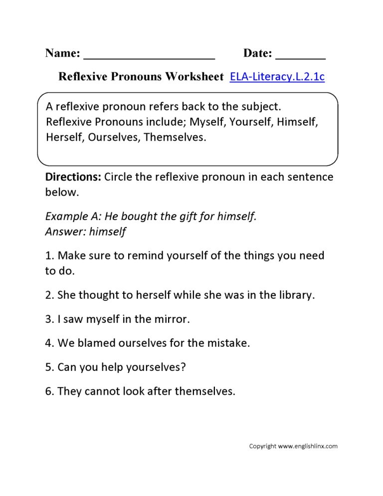 Reflexive Pronouns Worksheet Grade 6