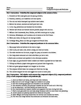 Simple Subject And Predicate Worksheets 4th Grade