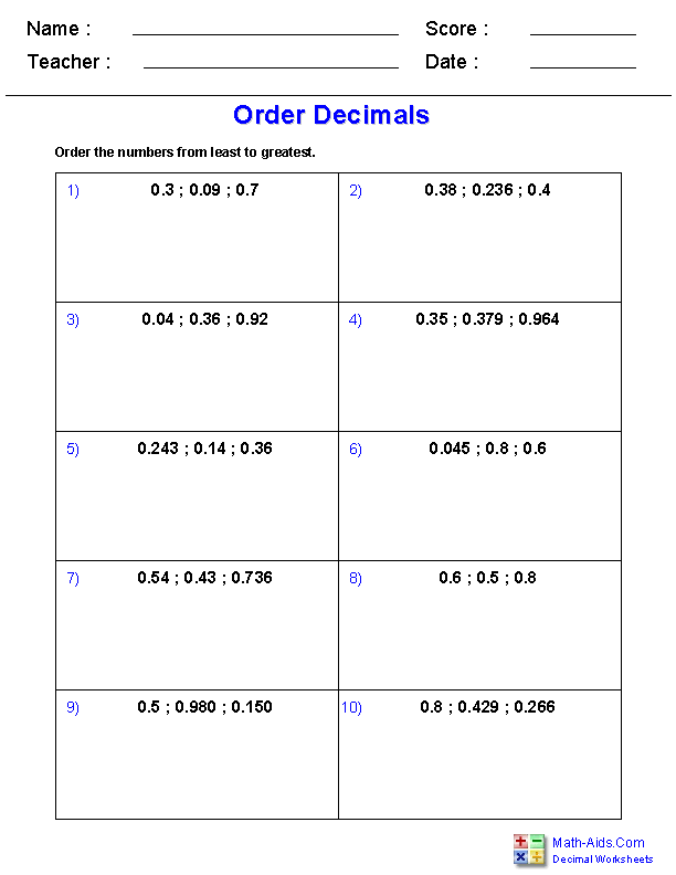 Ordering Decimals Worksheet Grade 4