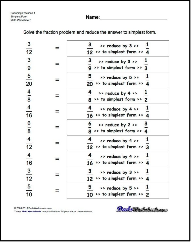 Reducing Fractions Worksheet Answer Key