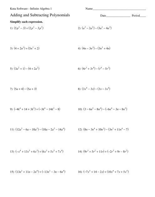 Adding And Subtracting Polynomials Worksheet Answers Algebra 2