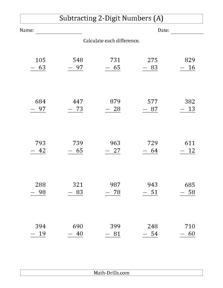 Maths Worksheet For Class 2 Subtraction