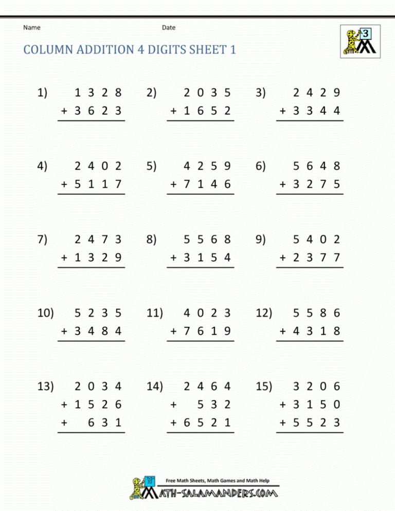 4 Digit Addition Worksheets For Grade 3