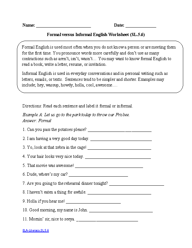 6th Grade English Worksheets