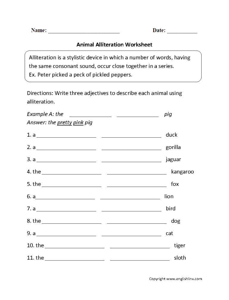 Alliteration Worksheets