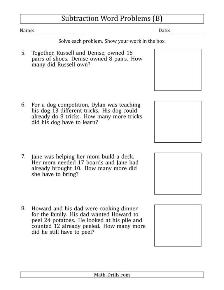 Math Drills Subtraction Word Problems