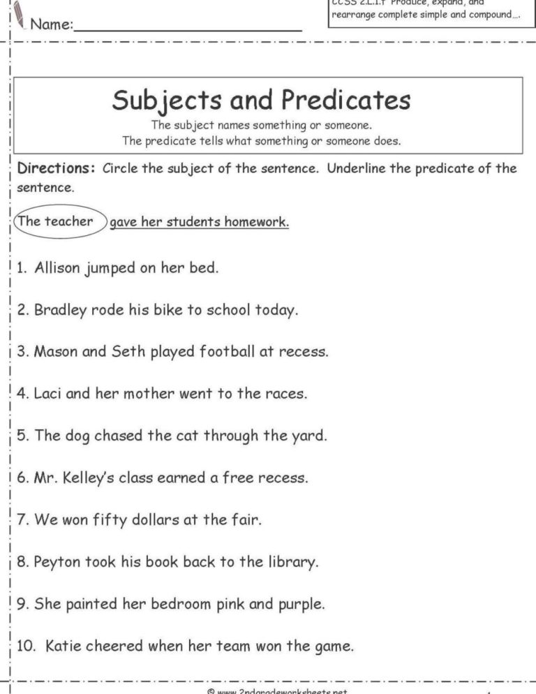 2nd Grade Subject And Predicate Worksheet Pdf