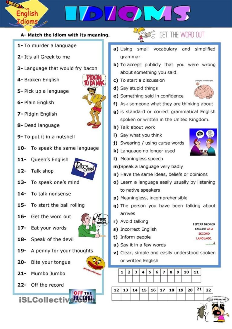 Idioms Worksheets With Answers