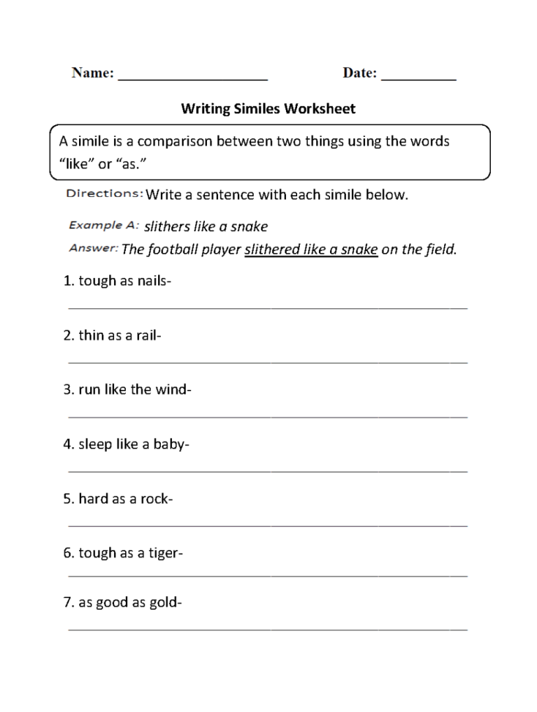 Similes Worksheet Grade 6