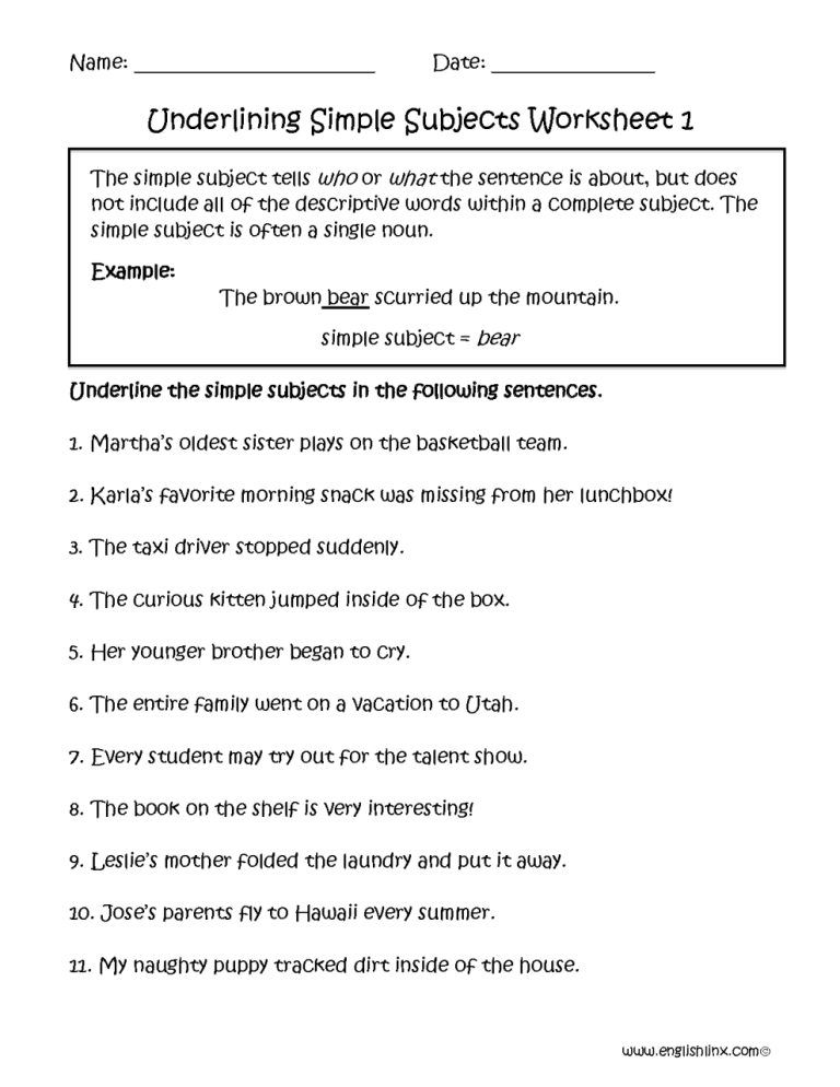 Subject And Predicate Worksheets With Answers