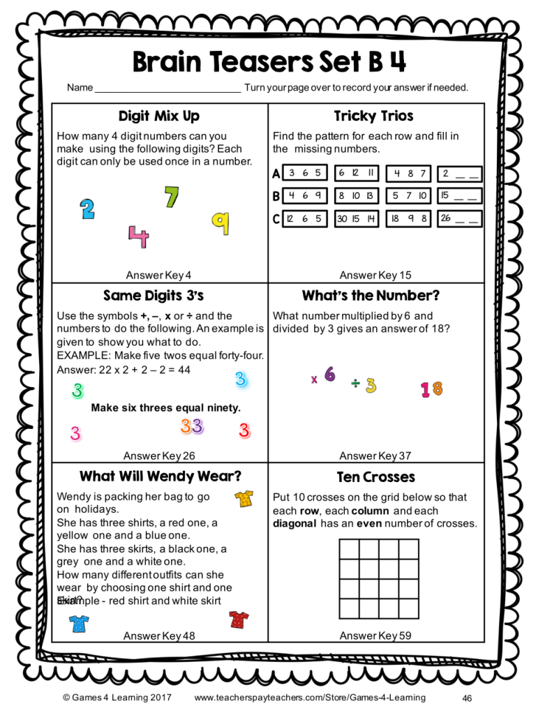 Common Core Fun Sheets Brain Teasers