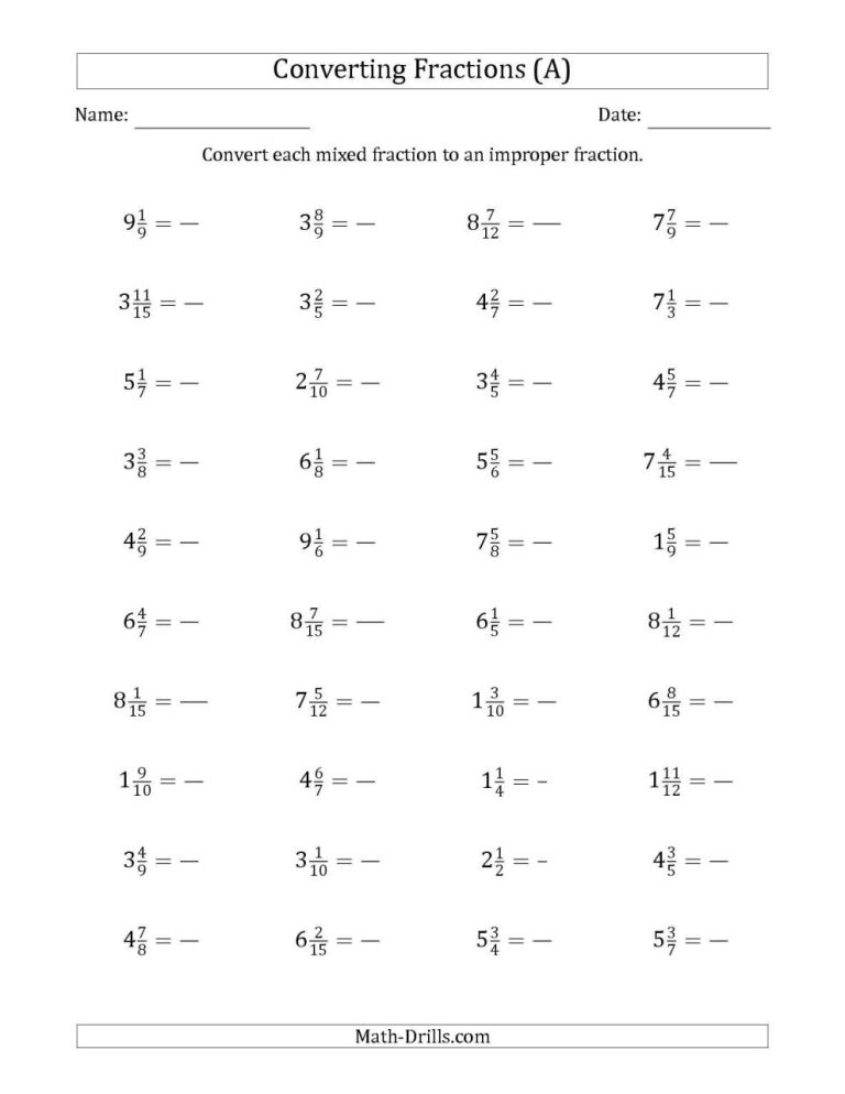 6th Grade Multiplying Improper Fractions Worksheets