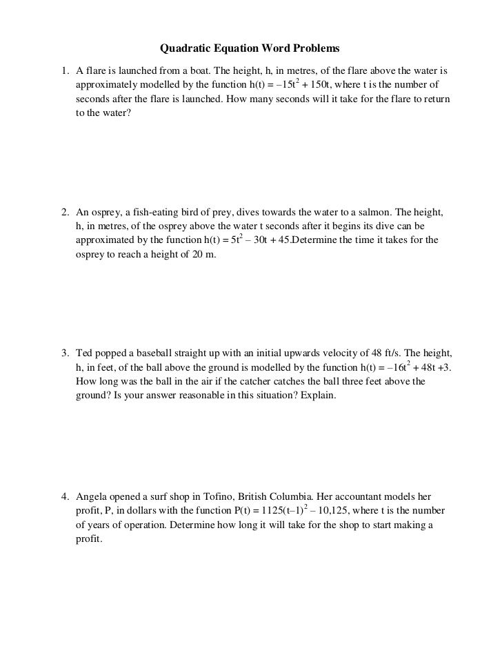 Quadratic Area Word Problems Worksheet