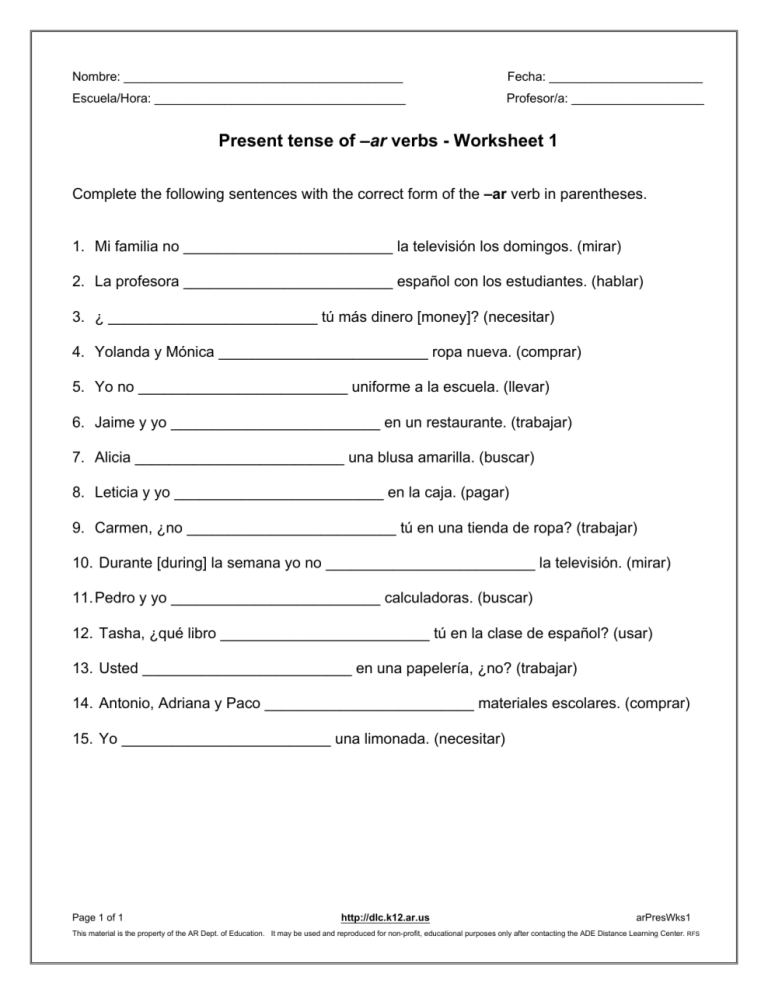 Irregular Present Tense Verbs Spanish Worksheet