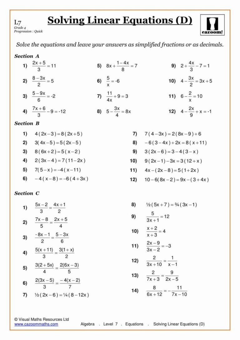 Solving Equations Worksheets With Fractions