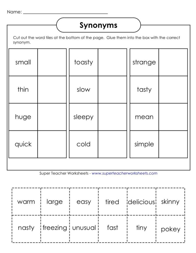 Grade 1 Synonyms Worksheet With Answers