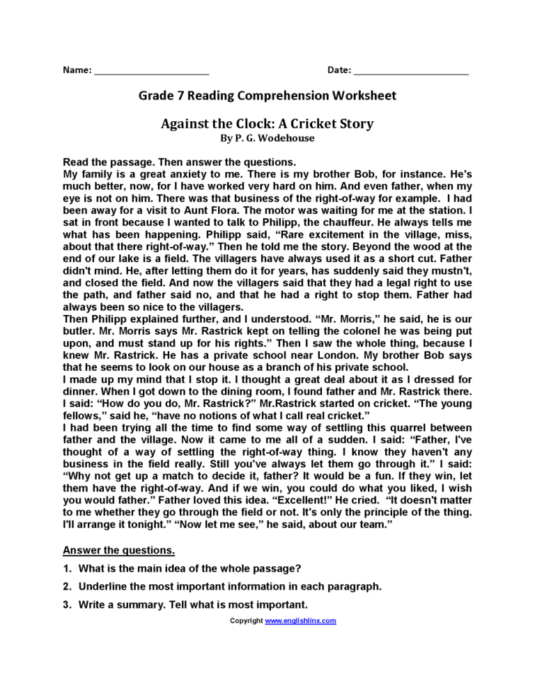 Sixth Grade Reading Comprehension Worksheets 7th Grade