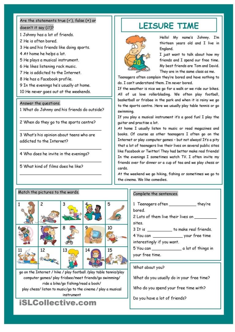 Leisure Activities Reading Comprehension Pdf