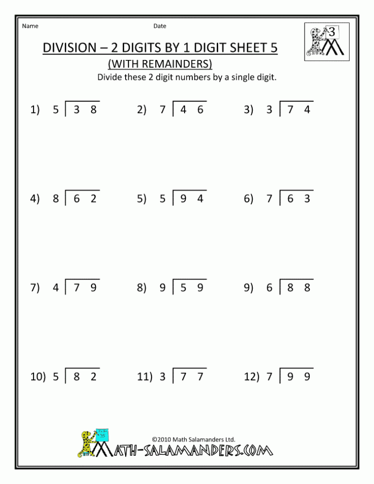 Division With Remainders Worksheet Year 3