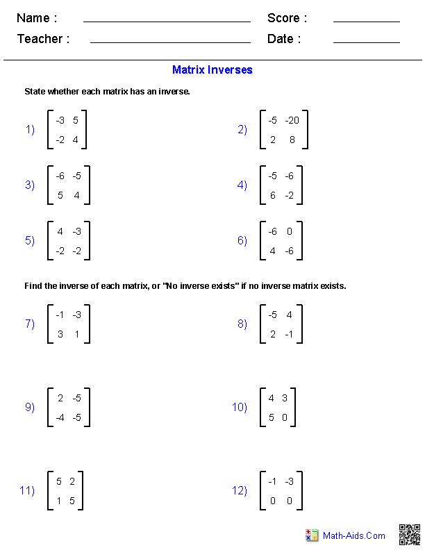 Matrix Multiplication Worksheet Doc