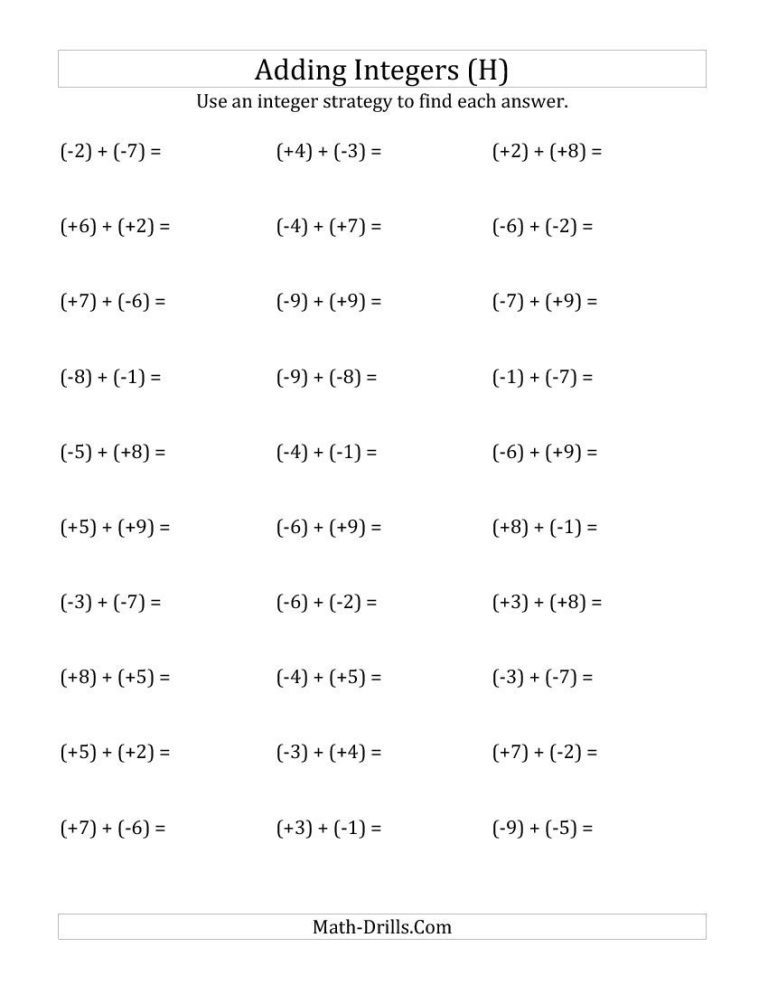 Printable Adding And Subtracting Integers Worksheet