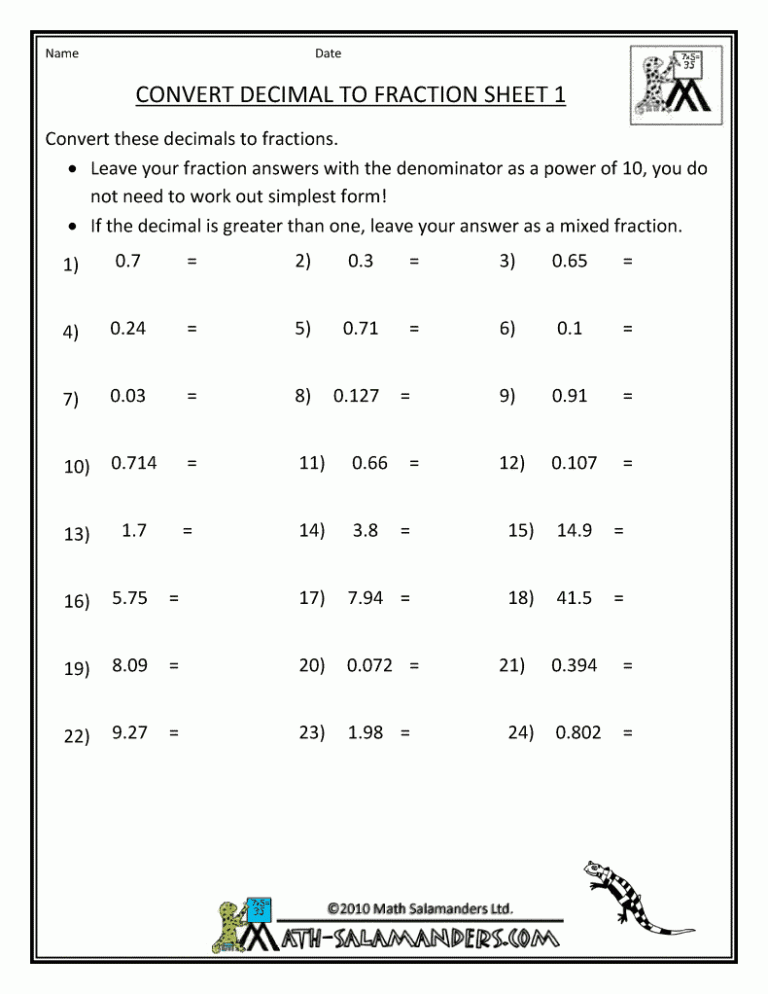 Converting Fractions To Decimals Worksheet 5th Grade Answer Key