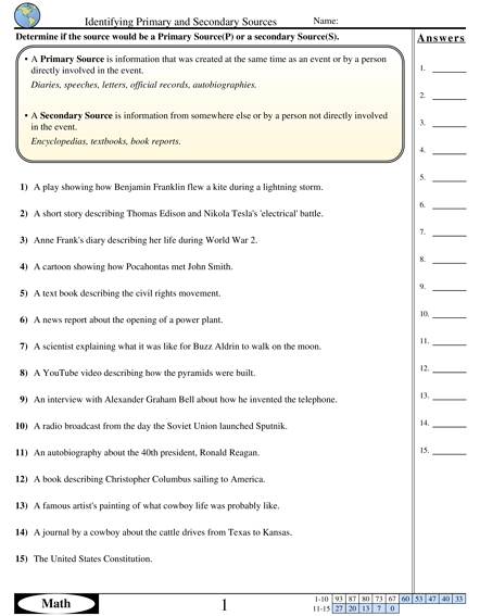 Primary And Secondary Sources Worksheet