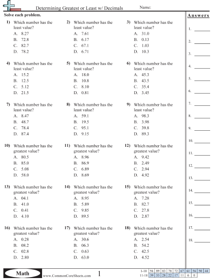 Decimal Place Value Worksheets Grade 4