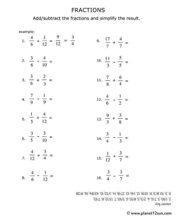 Adding And Subtracting Fractions Worksheets Same Denominator