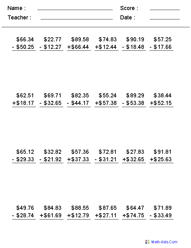 Adding And Subtracting Decimals Worksheets 5th Grade Answer Key