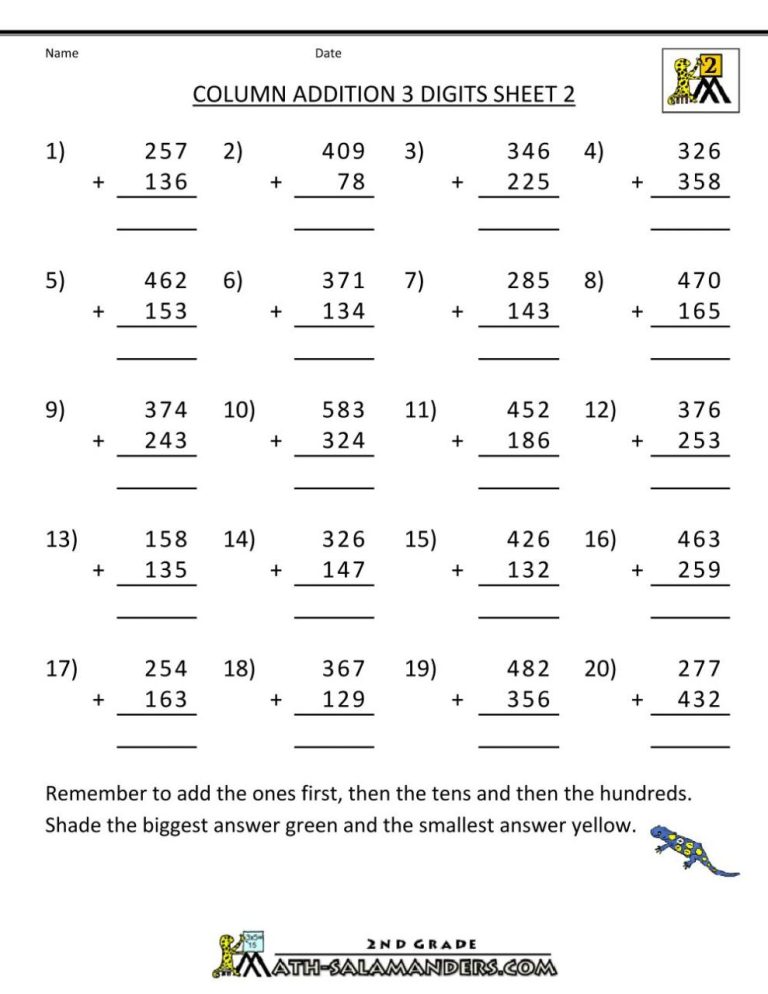 2nd Grade Math Salamanders Worksheets