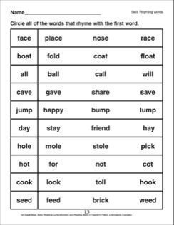 1st Grade Rhyming Words Worksheets Pdf