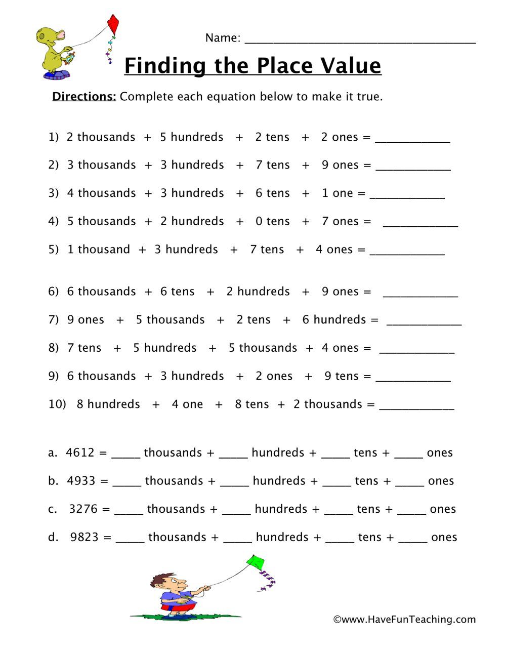 Place Value Ones Tens Hundreds Thousands Worksheets