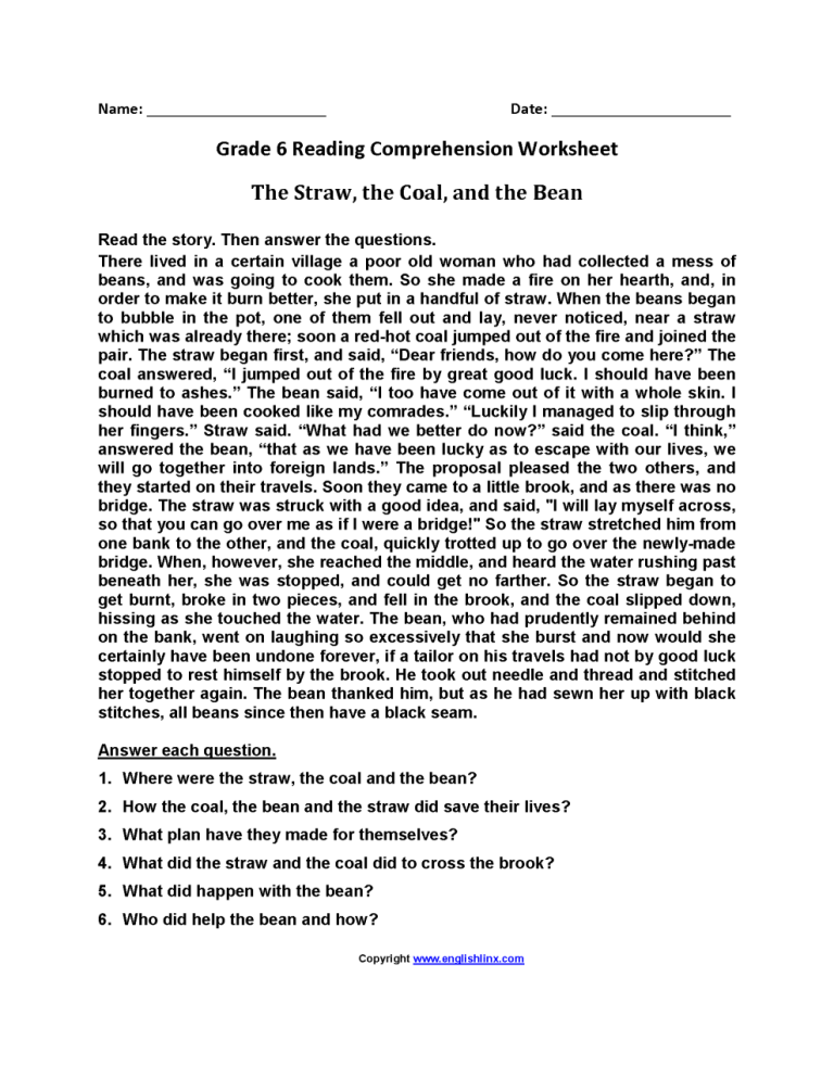 Reading Comprehension Worksheets For Grade 6