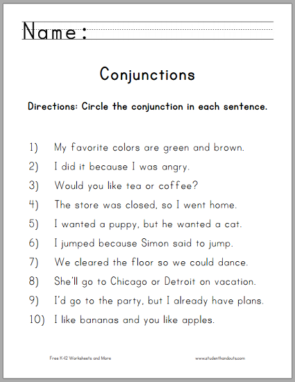 Conjunction Worksheets For Grade 1