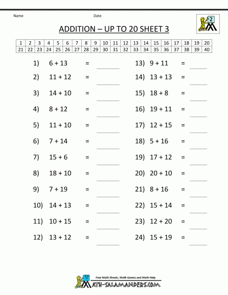 Addition Facts To 20 Worksheet