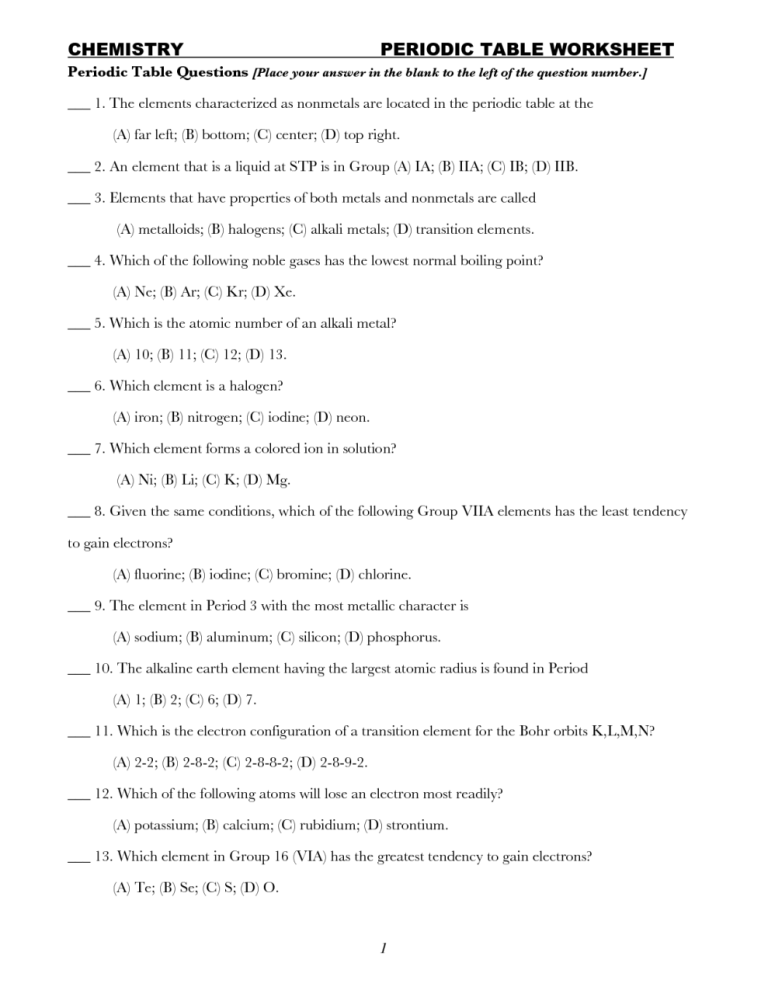 Periodic Trends Worksheet 2 Answers