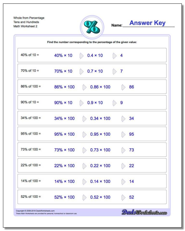 Percent Of A Number Worksheet Answers