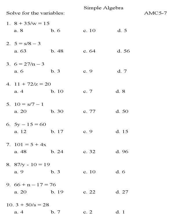 Algebra 7th Grade Math Worksheets Grade 7