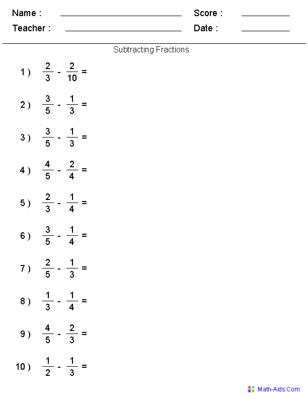 Subtracting Fractions Worksheets Grade 3