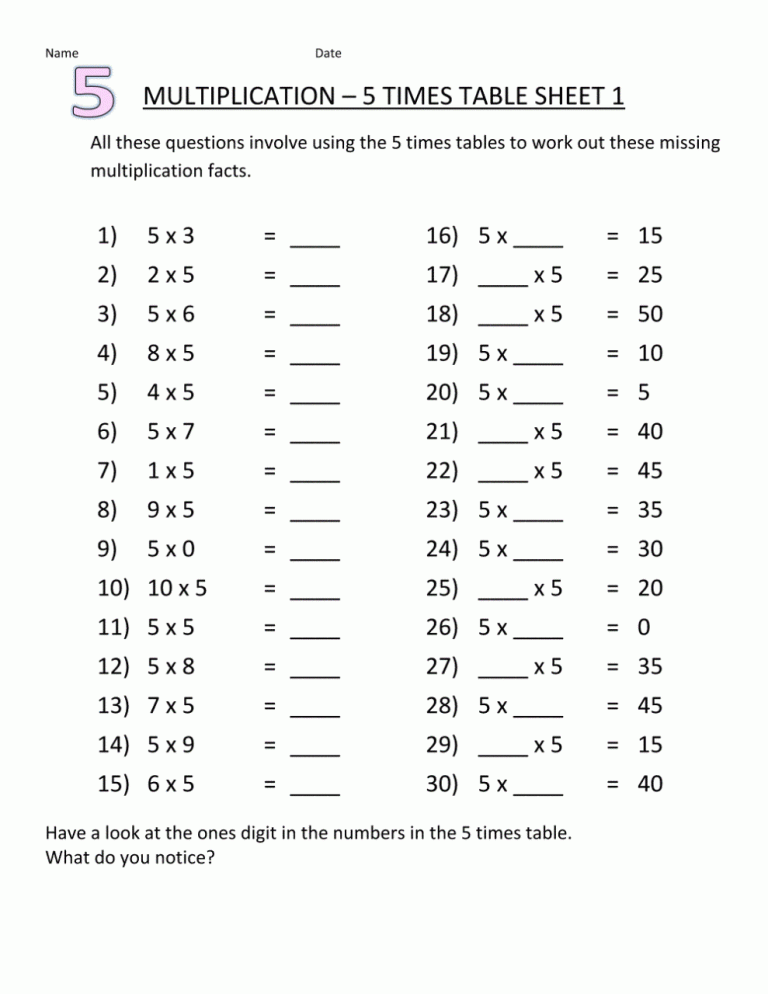 Printable Times Table Practice Sheet