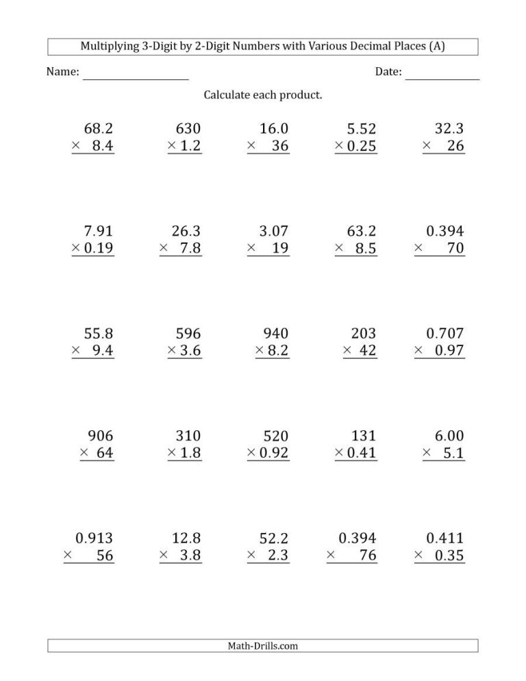 Multiplication Of Decimals Worksheets For Grade 6