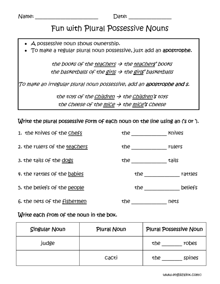 Printable Possessive Apostrophe Worksheet