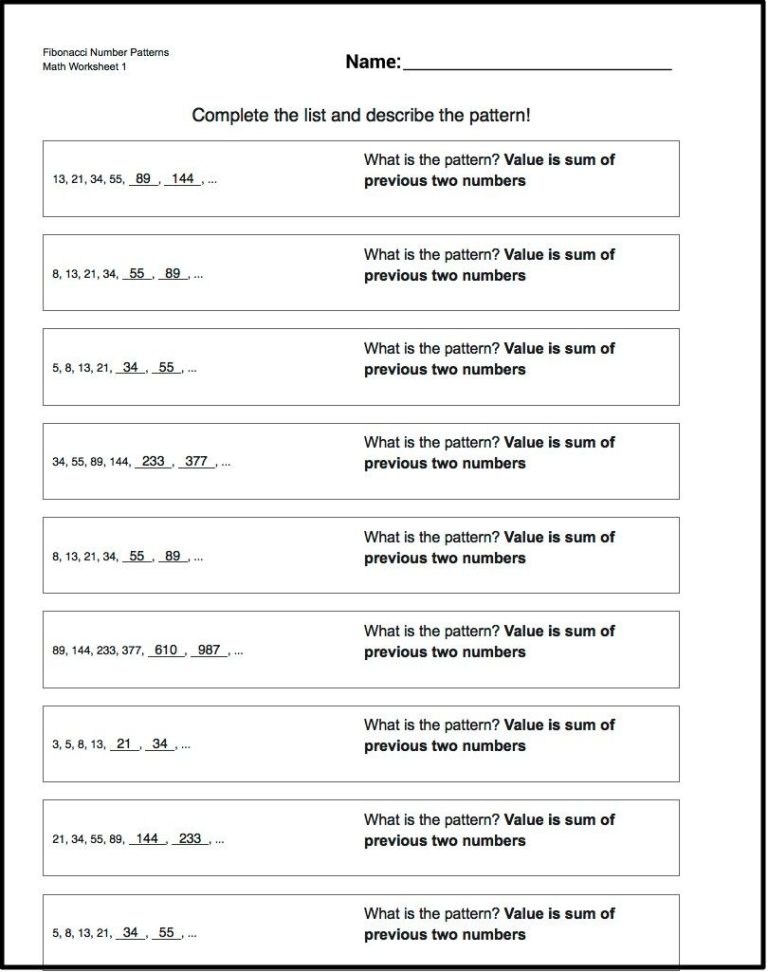 Number Patterns Worksheets Grade 7